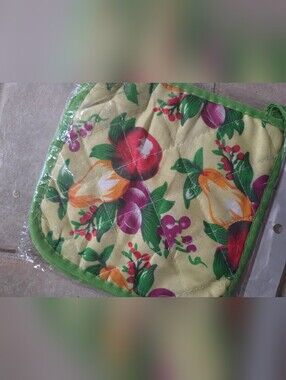 Vintage Style Fruit Print Quilted Pot Holders - Yellow, Green, Red